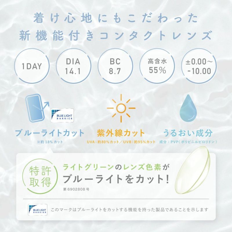 着け心地にもこだわった 新機能付きコンタクトレンズ 1DAY DIA14.1 BC8.7 高含水55% ±0.00～-10.00